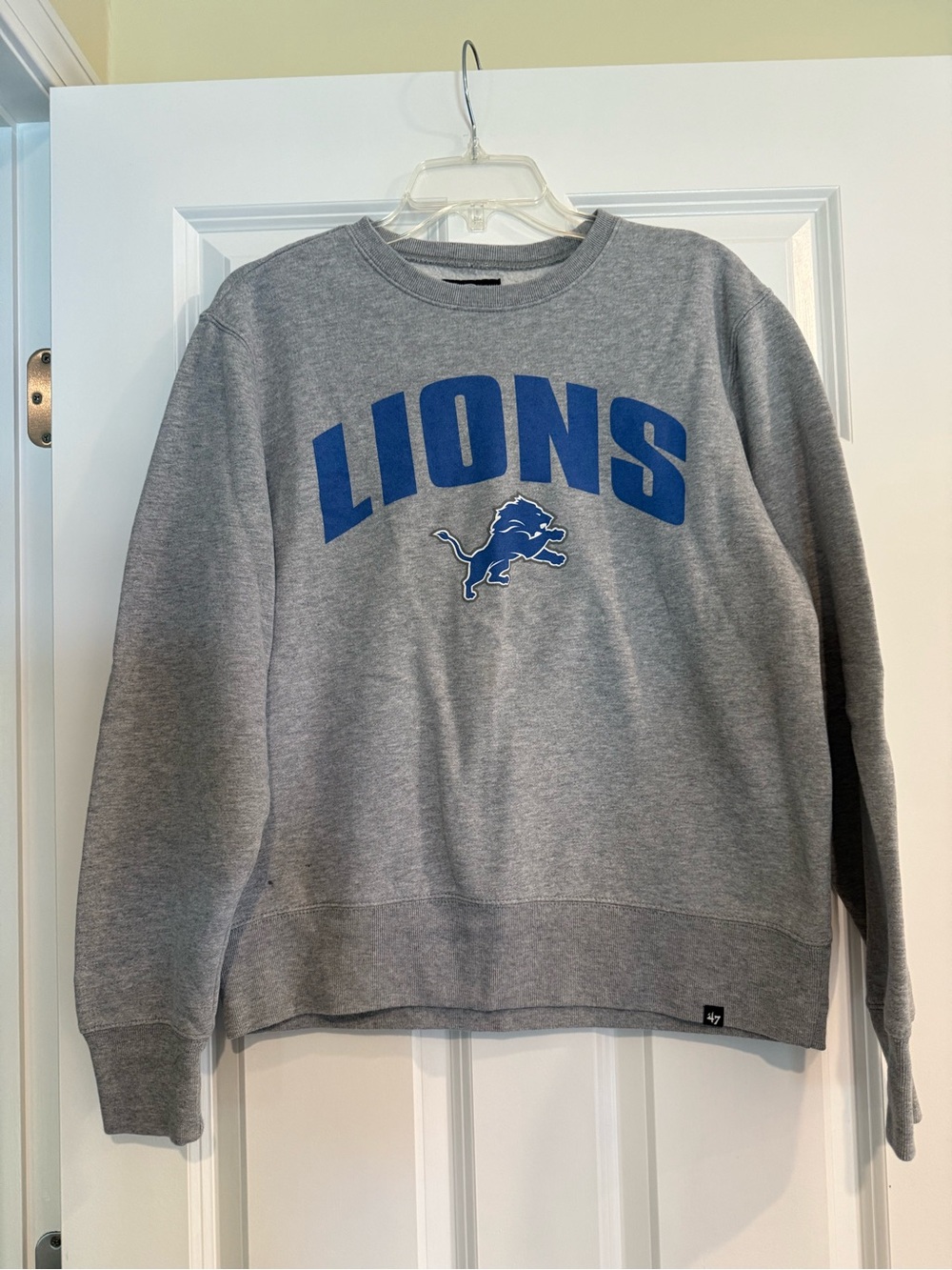 47 Brand Gray Crewneck Sweatshirt with Blue LIONS Logo